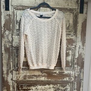 Chic Cream Knit Textured Crewneck Sweater, Sheer, Size S